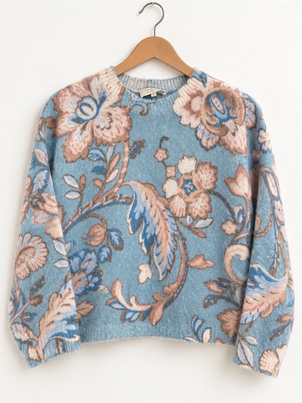 Sezane Powder Blue Floral Crewneck Sweater